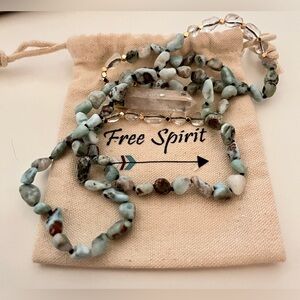 Free Spirit Blue Stone Beaded Necklace Quartz Crystal Point Pendant w Pouch